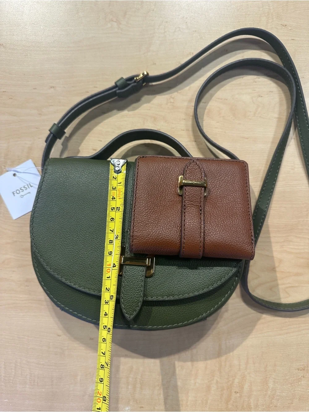Fossil Olive Green Crossbody Saddle Bag with Brown Card Case